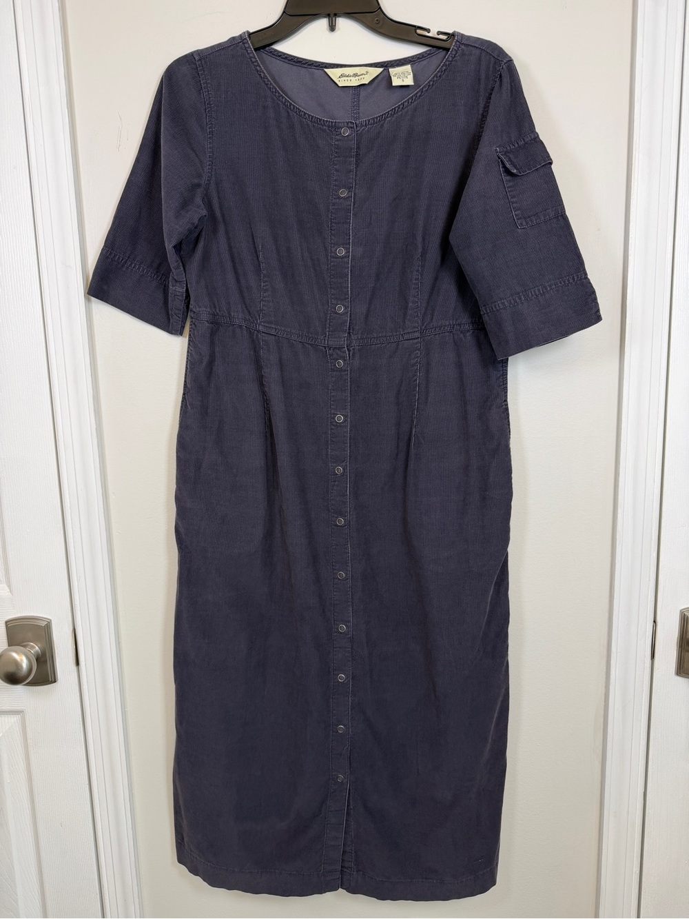 Vintage 90s Eddie Bauer Plum Grey Corduroy Snap Front Midi Dress Petite S